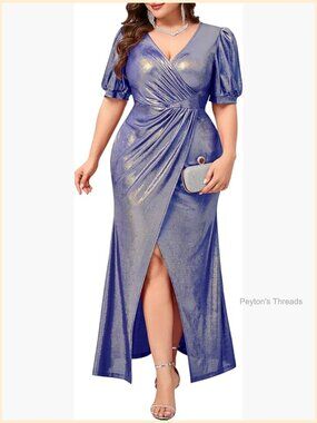 Plus Size Sparkly Formal Maxi Dress Ruched Puff Sleeves V-Neck High Slit